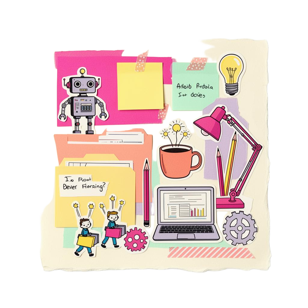 Keep AI Simple paper collage of a friendly robot, sticky notes and office helpers